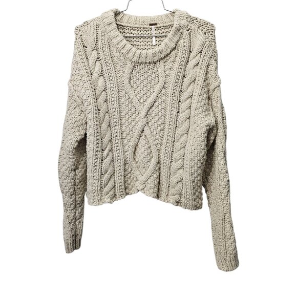 Free People Cutting Edge Cable Pullover Chunky Cream Cotton Cropped Sweater - Picture 2 of 8